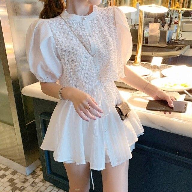 Women White Long Shirts Shorts Two Piece Sets Lace Splicing Short Sleeve Drawstring Blouse+Mini Pant Suits Summer Fashion - Shop Trendy Women's Fashion | TeeYours