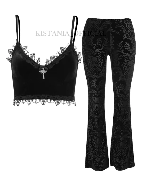 Dark Black Velvet 2 Pieces Sets: Lace Bustle Bra Cami Top + Vintage Wide Leg Flare 2 Pieces Sets