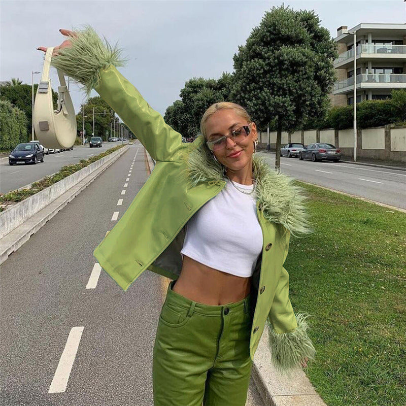 LANFUBEISI Y2K Faux Fur Collar Long Coat with Belt Leather Jackets Women Autumn Winter Warm Single Breasted Outerwear Green Elegant LANFUBEISI