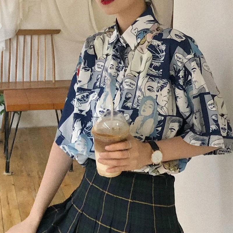 Brownm Japanese style Cartoon print Women Shirt Vintage Short Sleeve Button Up Y2K Womens Blouse 2022 Summer Loose Female Shirts