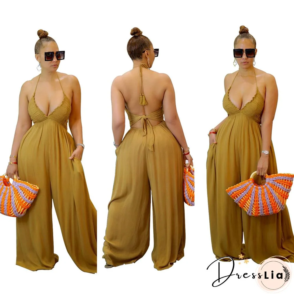 Solid Halter V Neck Loose Wide Leg Jumpsuit