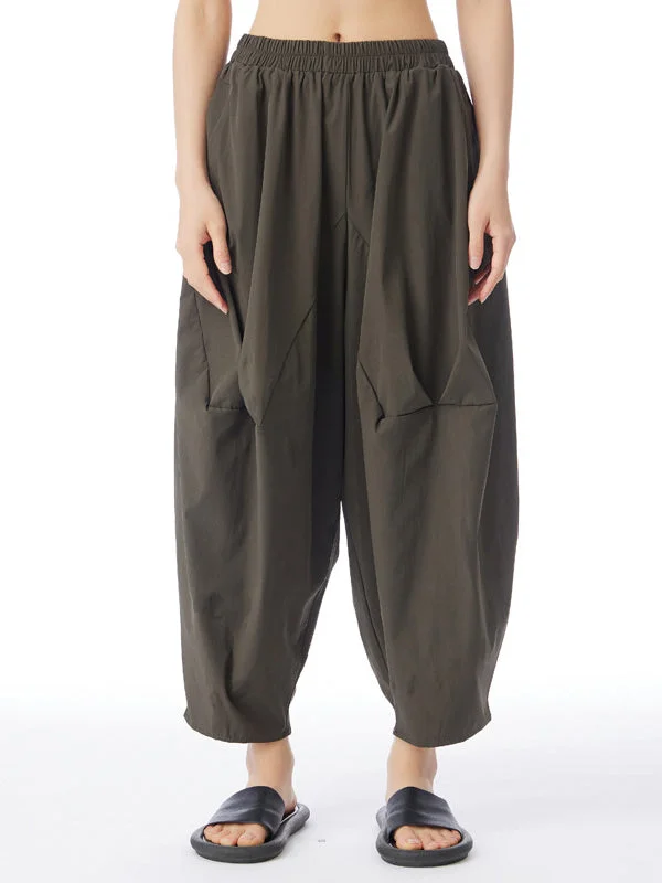 Casual Loose Khaki Elasticity Pleated Solid Color Split-Joint Harem Pants