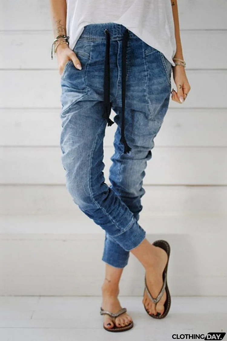 Light Blue Drawstring Elastic Waist Jogger Jeans