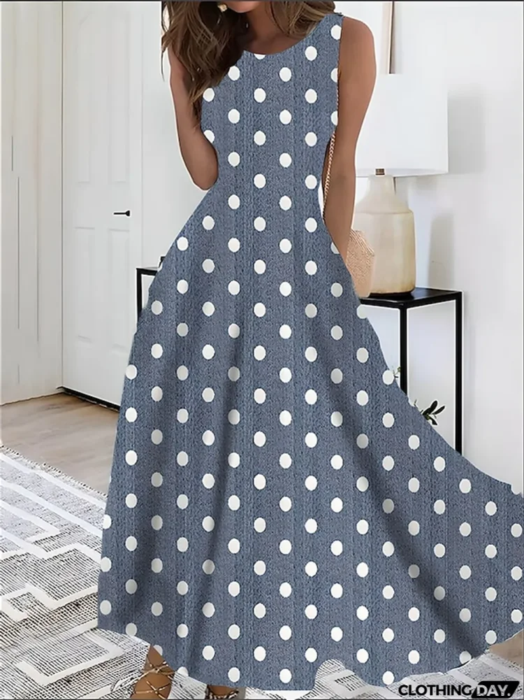 Women's Retro 1950s Vintage Dress Long Dress Maxi Dress Daily Holiday Print Polka Dot Crew Neck Sleeveless Regular Fit Summer Spring Blue Dark Green S M L XL