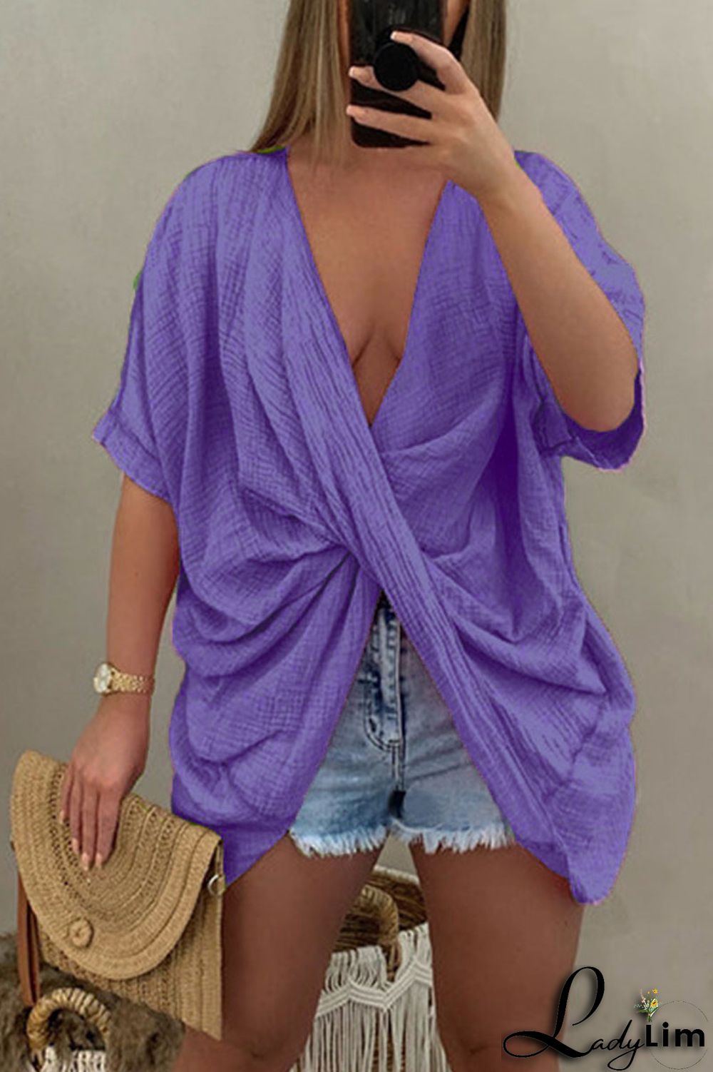 Pink Casual Solid Patchwork Asymmetrical V Neck T-Shirts