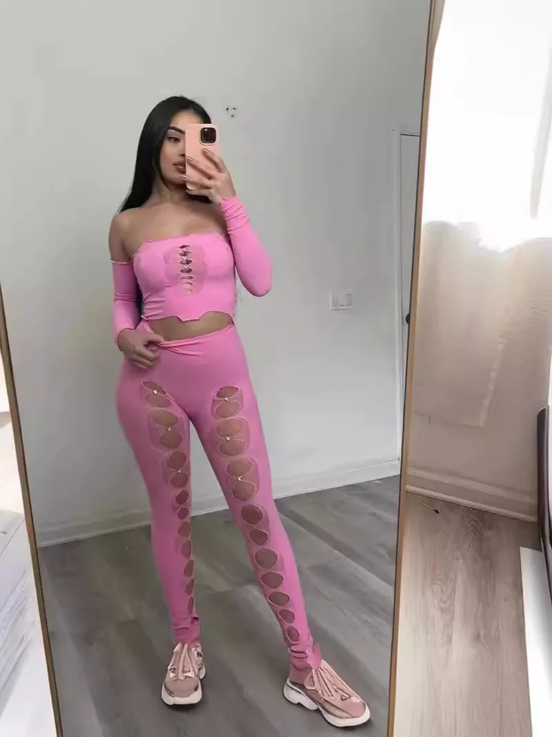 Uveng Uveng Female Solid Color Round Collar Hollow Lace Sexy Body Repair Knit 2 Pieces Set