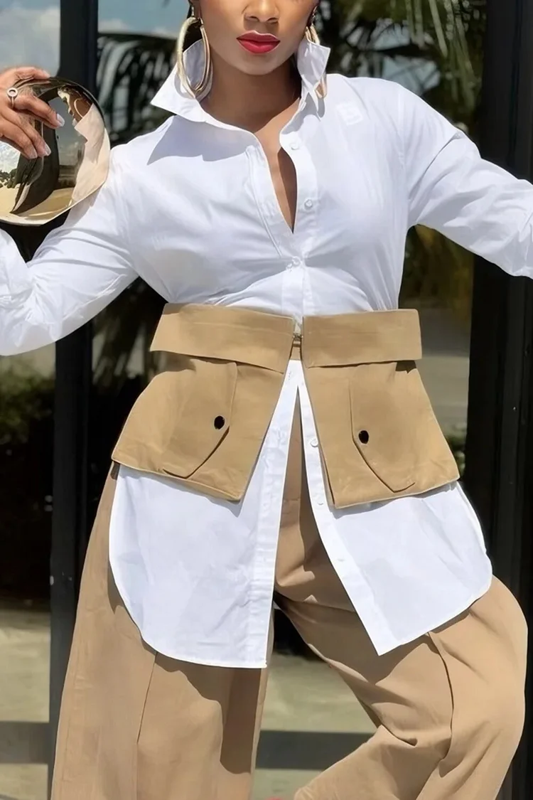 Plus Size Business Casual White Shirt Collar Long Sleeve Asymmetric Hem Shirt [With Belt] [Pre-Order] 2024 - Xpluswear