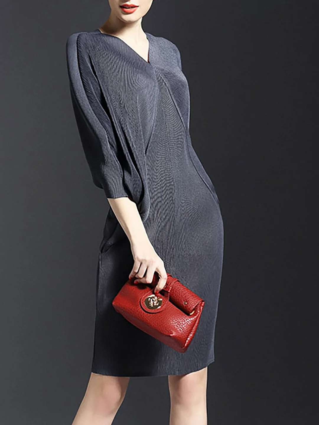 V neck Sheath Batwing Green Statement Midi Dress