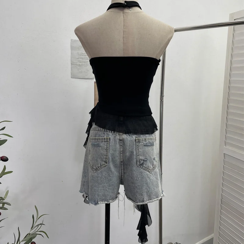 Nigikala Nigikala Shooting Hottie Letter Hot Diamond With Chest Pads To Wear Chest Vest Irregular Mesh Ribbon Hanging Neck Sleeveless Top 2729