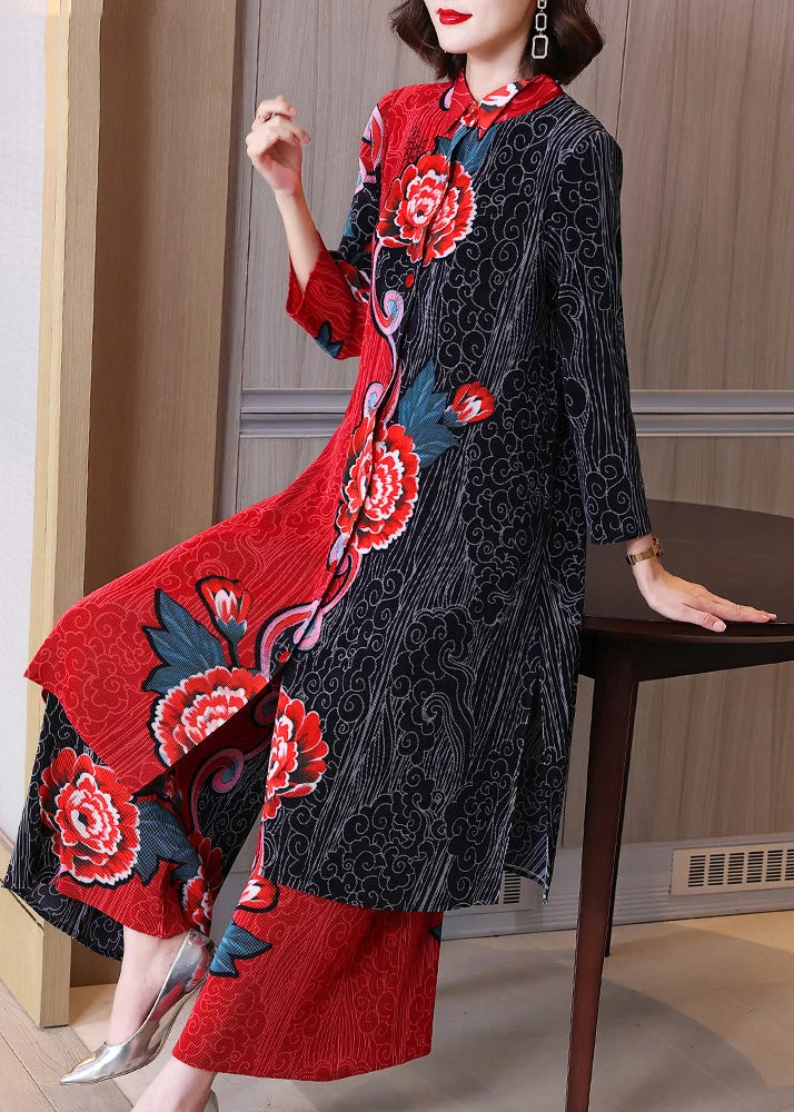 DIY Red Stand Collar Print Button Side Open Shirts And Wide Leg Pants Two Pieces Set Spring