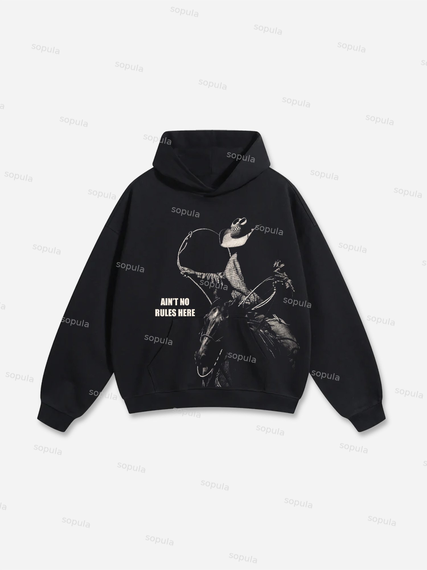 Ain't No Rules Here Western Cowboy Graphic Cotton Hoodie - SOPULA