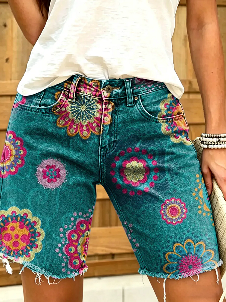 Ethnicity Kaleidoscope Flowers Women's Art Print Casual Denim Shorts