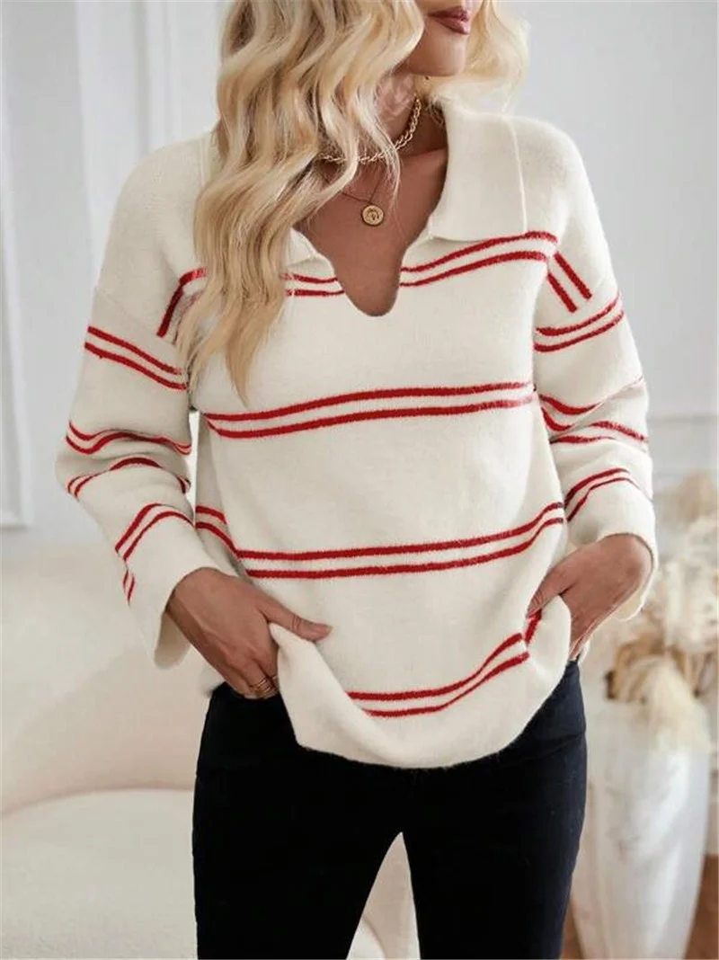 Athvotar Athvotar And Winter Loose V-Neck Stripes Bumpy Long-Sleeved Polo Shirt Sweater