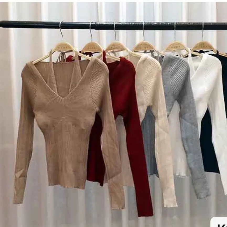 Uveng Uveng 2023 New Long-Sleeved Slim V-Necked Two Knitted Shirt Top Women Feel The Bottom Sweater