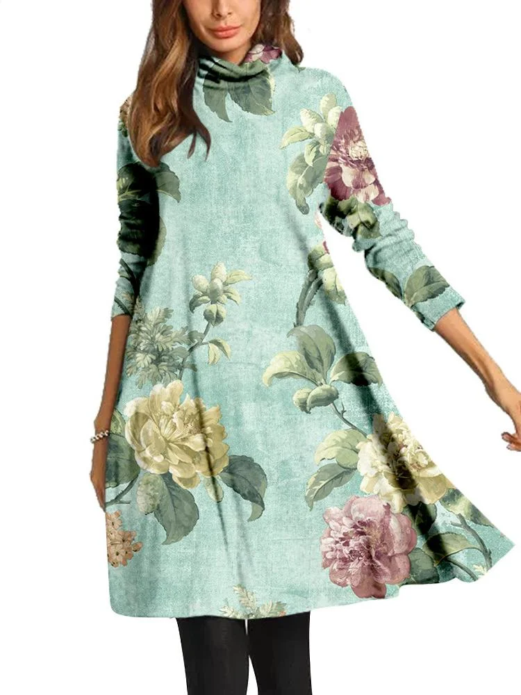 Women Long Sleeve Scoop Neck Printed Midi Dress