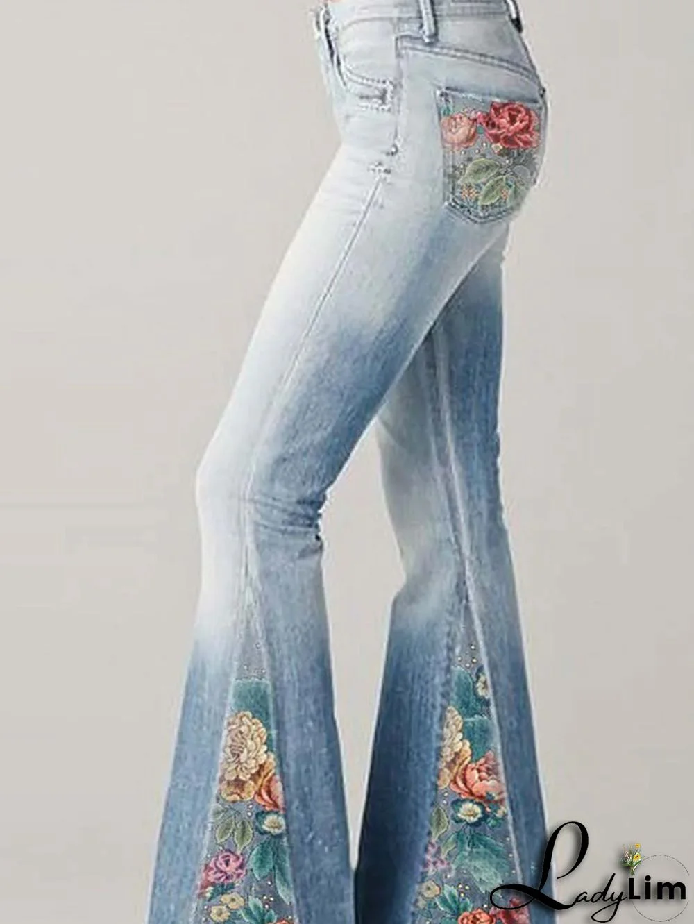 Denim Casual Floral Pattern Pocket Flare Leg Pants