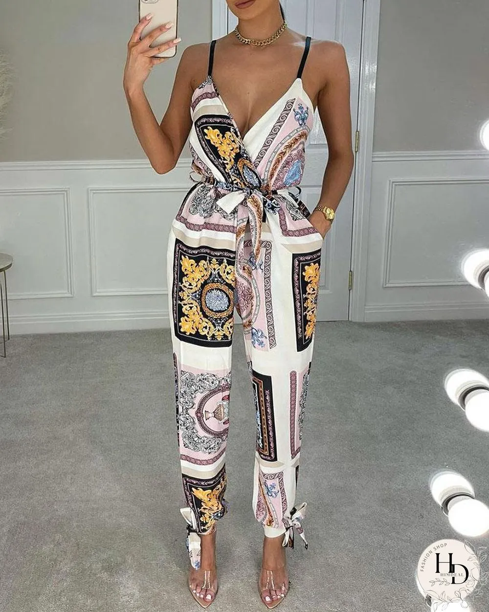 Scarf Print Pocket Design Jumpsuit