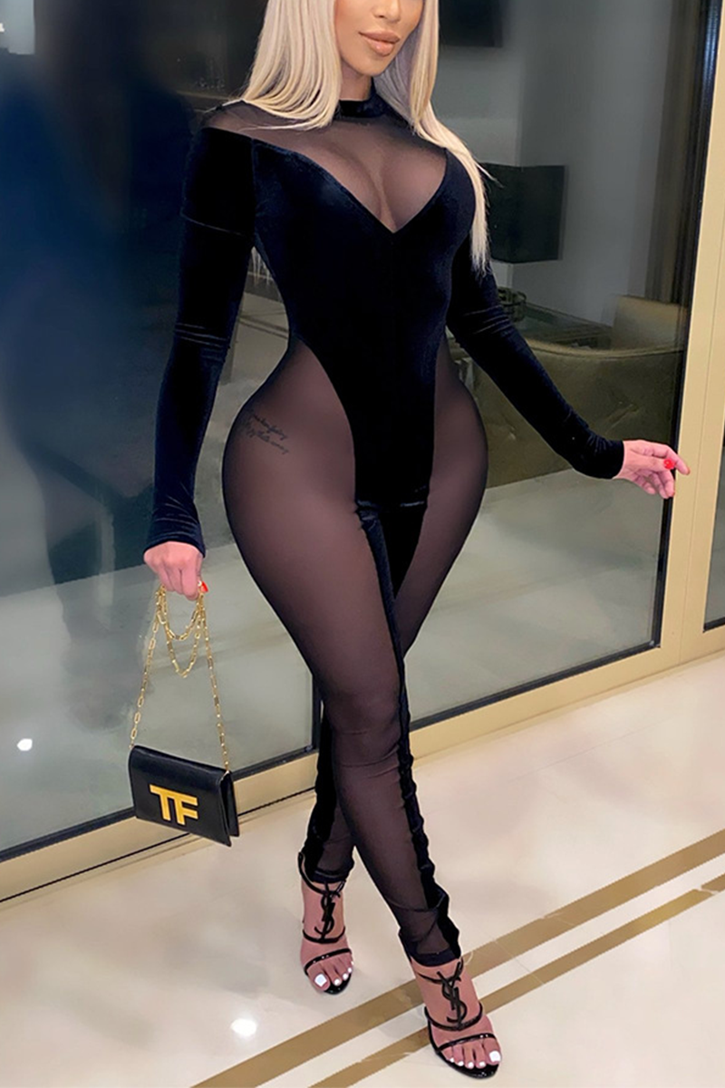 Black Sexy Patchwork Mesh O Neck Skinny Jumpsuits