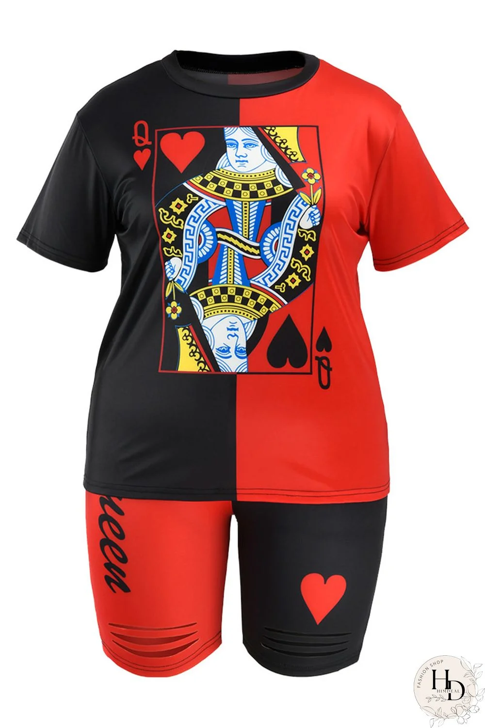 Black and red Fashion Casual Print Two Piece Suits O Neck Plus Size Two Pieces