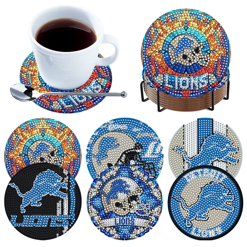 Detroit Lions 6pcs DIY Diamond Painting Acrylic Coasters Holder for Beginner Adult