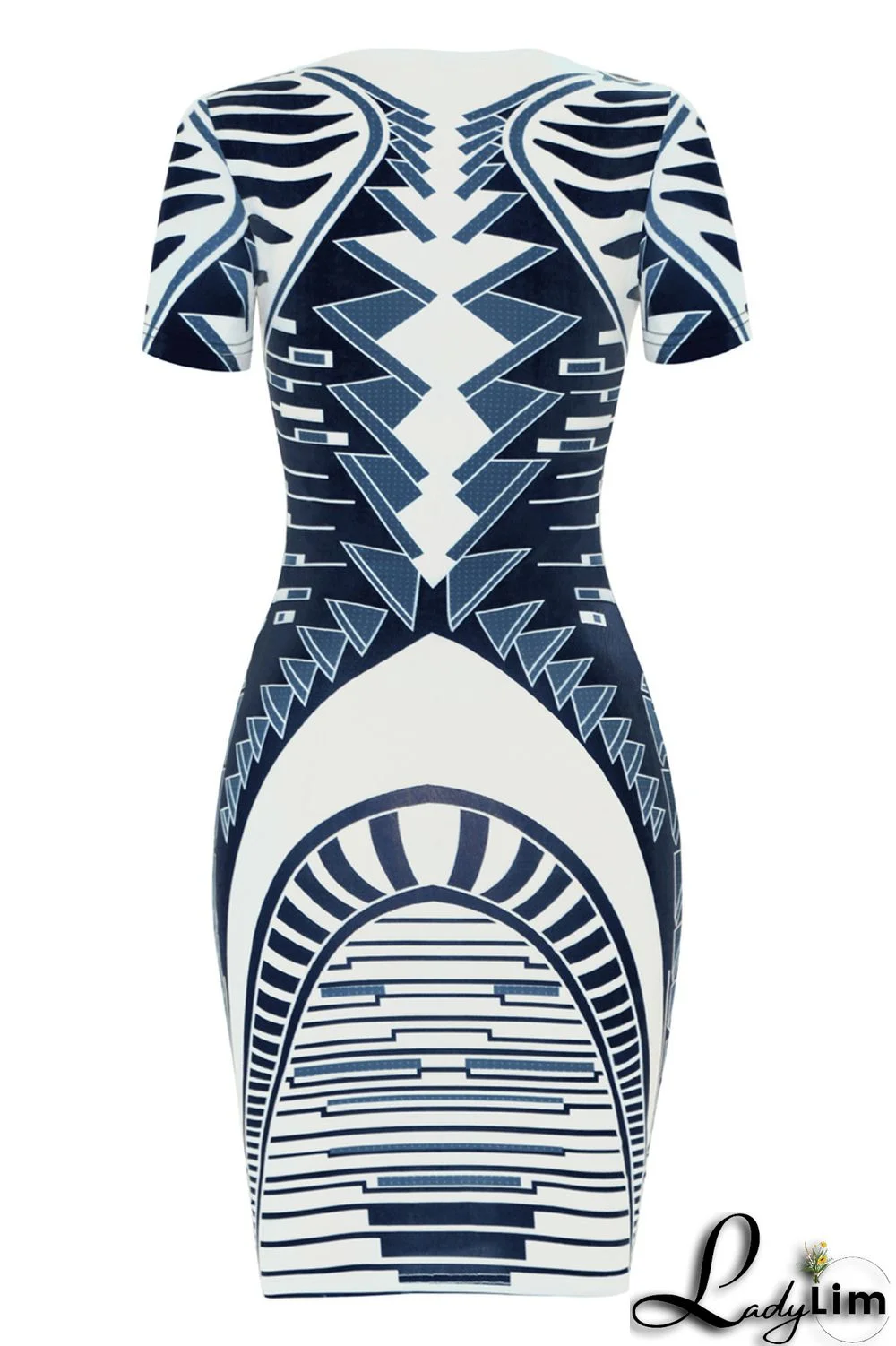 Blue Fashion Casual Print Basic O Neck Short Sleeve Dress