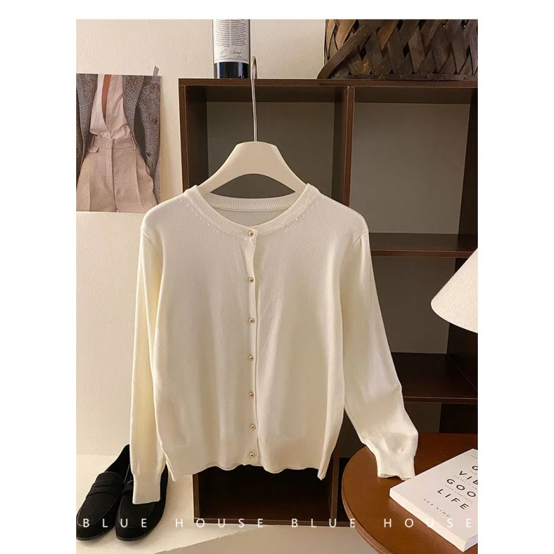 Uveng Uveng Style Gentle Retro Small Gold Button Net Version Long-Sleeved Knitted Shirt Women Autumn Collar Soft Glutinous Sweater Coat
