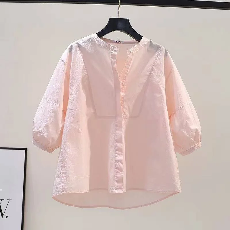 Athvotar Athvotar Lantern Sleeve Cotton Shirt Women Loose Design Casual Shirt 2025 Summer Art Light Blue Top