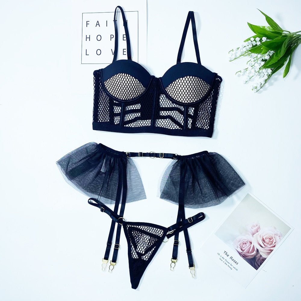 MIRABELLE Luxury Sexy Lingerie 3-Piece Lace Padded Bra Underwear Ruffled Short Skin Care Kits Garters Thong Delicate Erotic Sets