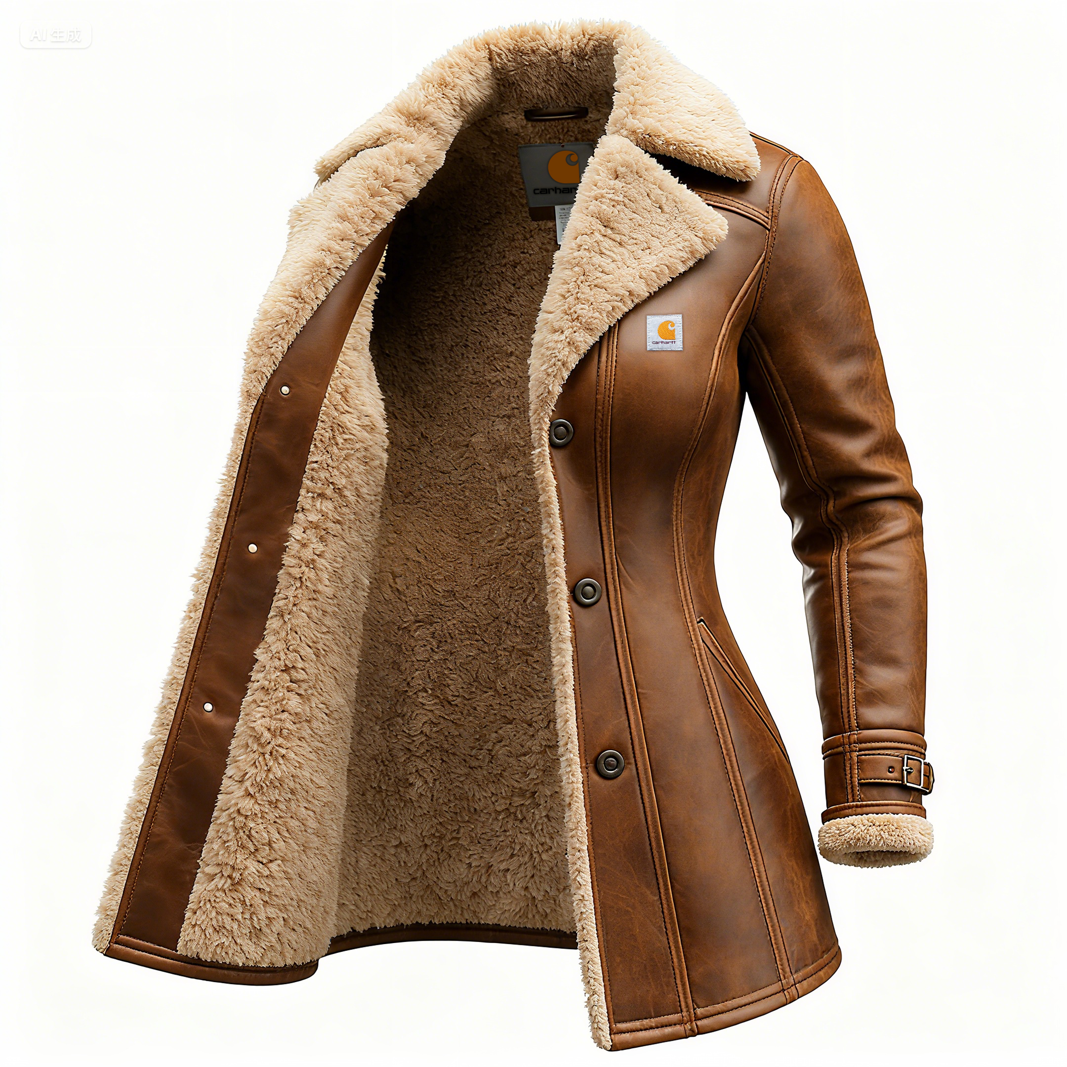Women's Vintage Washed Leather Lapel Jacket Lambswool Lined Thickened Mid-Length Leather Jacket