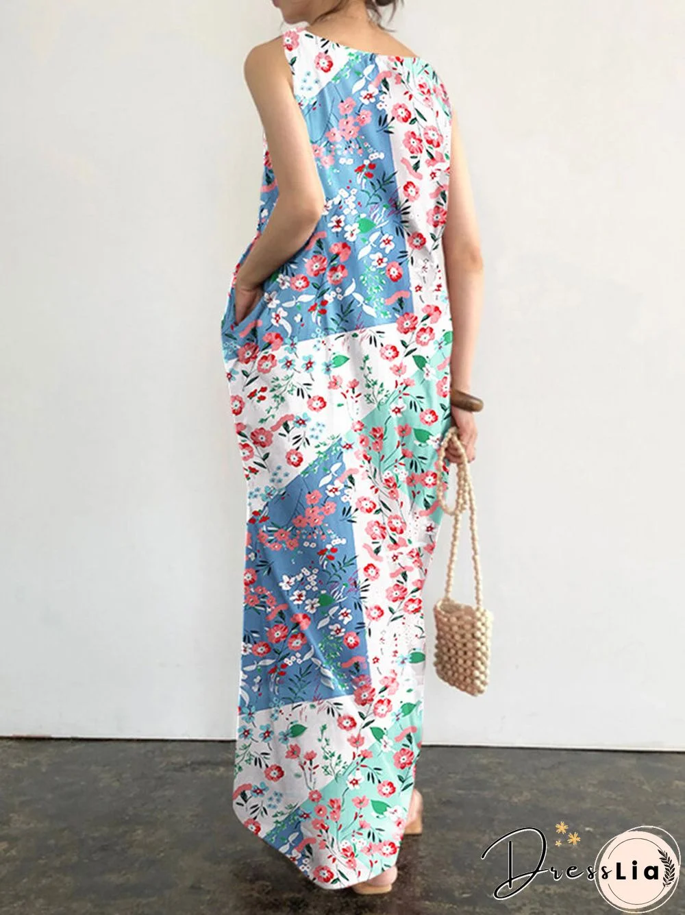 Floral Print Pocket Sleeveless Round Neck Maxi Dress