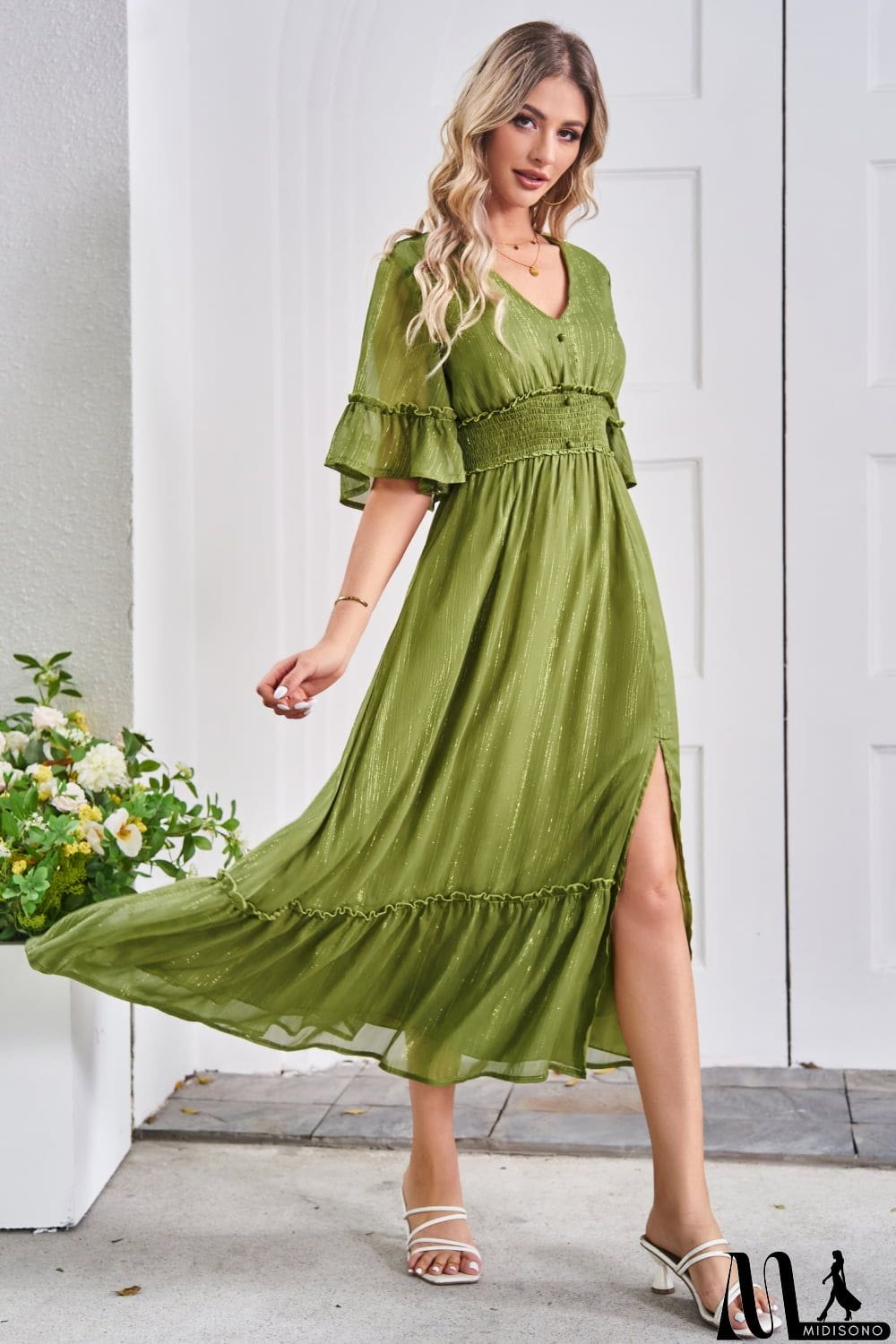 MidiSono - V-Neck Flounce Sleeve Smocked Waist High Slit Dress