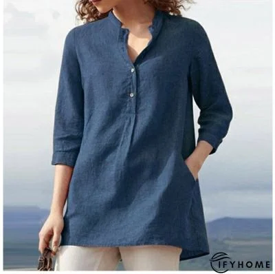 Women's Loosen Plain Casual T-shirt Tee 3/4 Length Sleeve V-Neck Button Fall Spring | IFYHOME