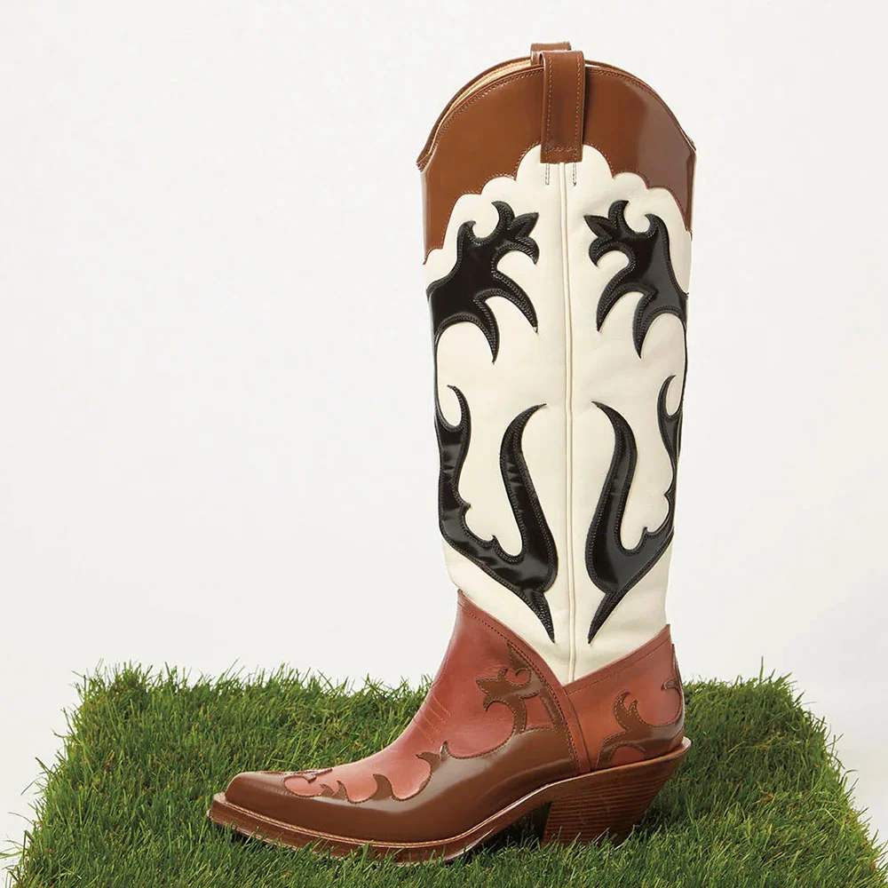 Chic Multicolor Chunky Low Heel Pull On Western Boots with Stitching
