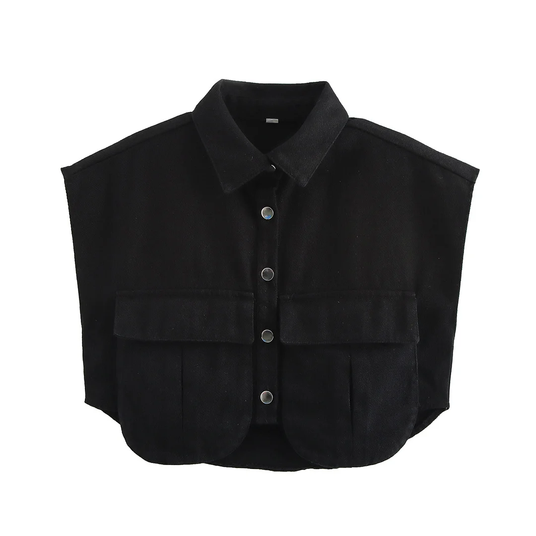 Nigikala Nigikala Women's Solid Color Big Pocket Sleeveless High Sense Cardigan Polo Collared Shirt Denim Top A19846