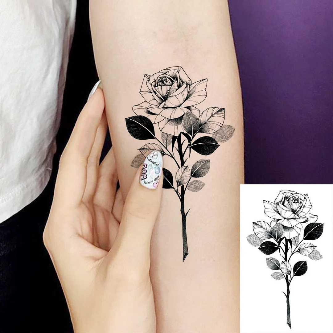 Black Little Flower Fashion Finger Temporary Tattoos For Women Adult Leaves Daisy Rose Fake Tattoo Letter Body Art Tatoos Decal