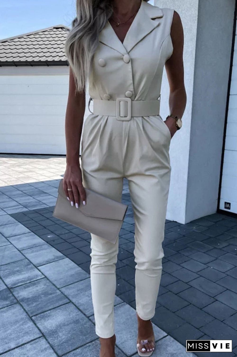 Work Street Solid Patchwork Turndown Collar Regular Jumpsuits