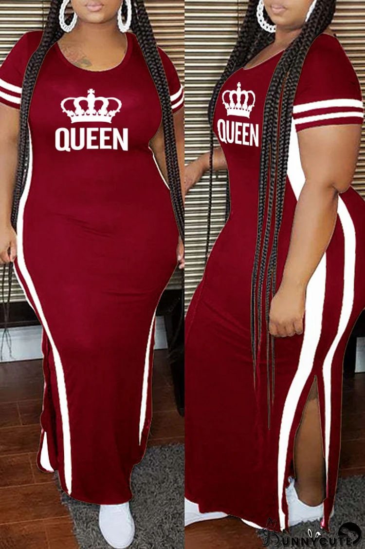 Burgundy Fashion Casual Plus Size Print Patchwork Slit O Neck Short Sleeve Dress
