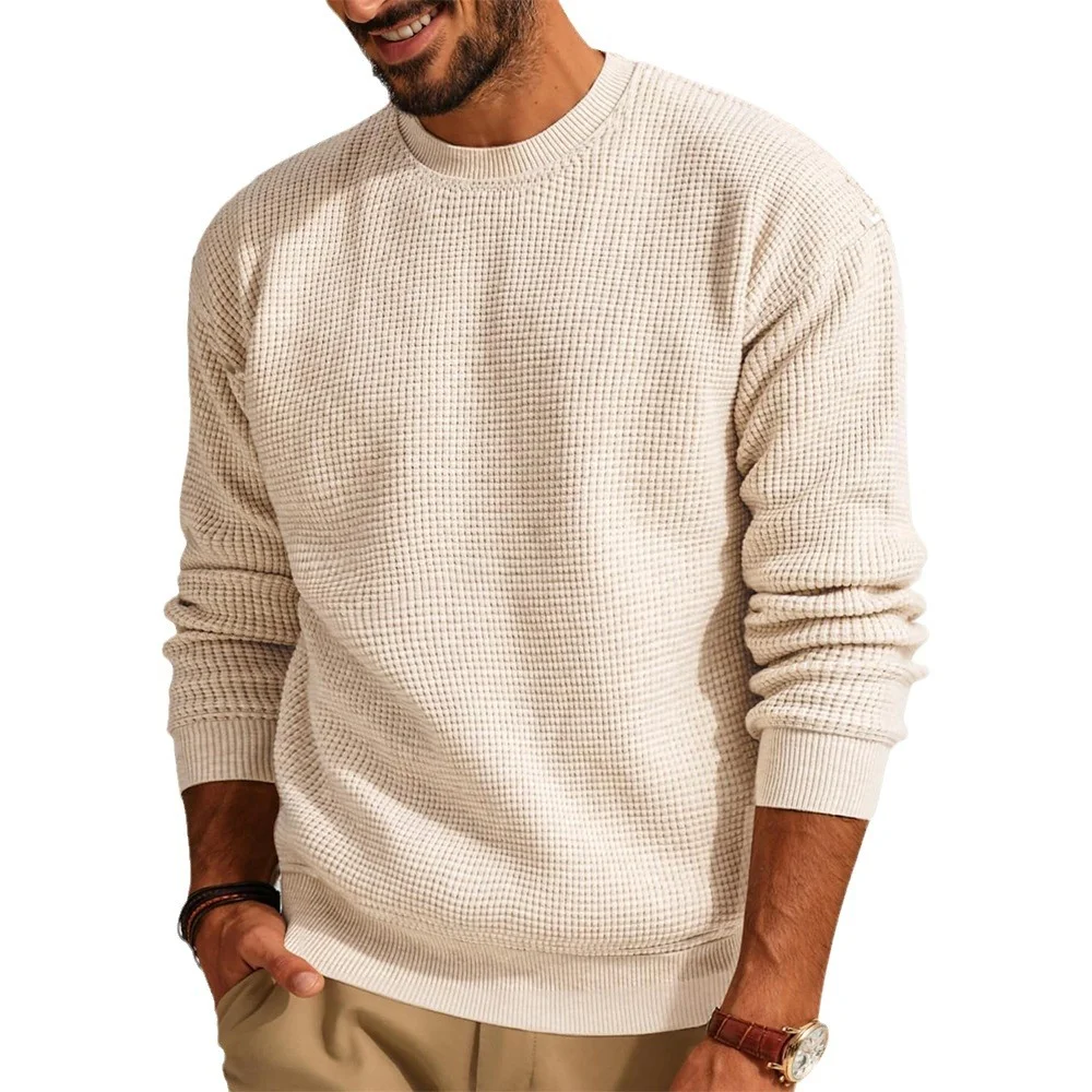 Wongn Wongn Solid Color Round Neck Sweater Jumsweater Men's Sweater Waffg Casual Men's Wear