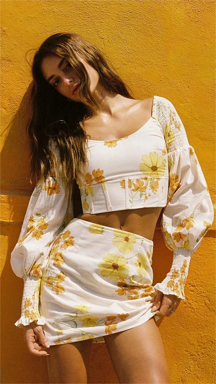 Yellow Floral Long Sleeves Crop Top
