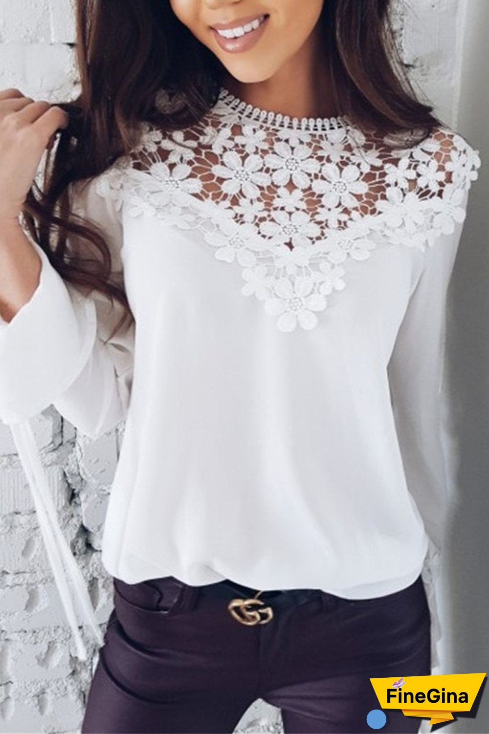 Lace Patchwork Chiffon Solid Blouse