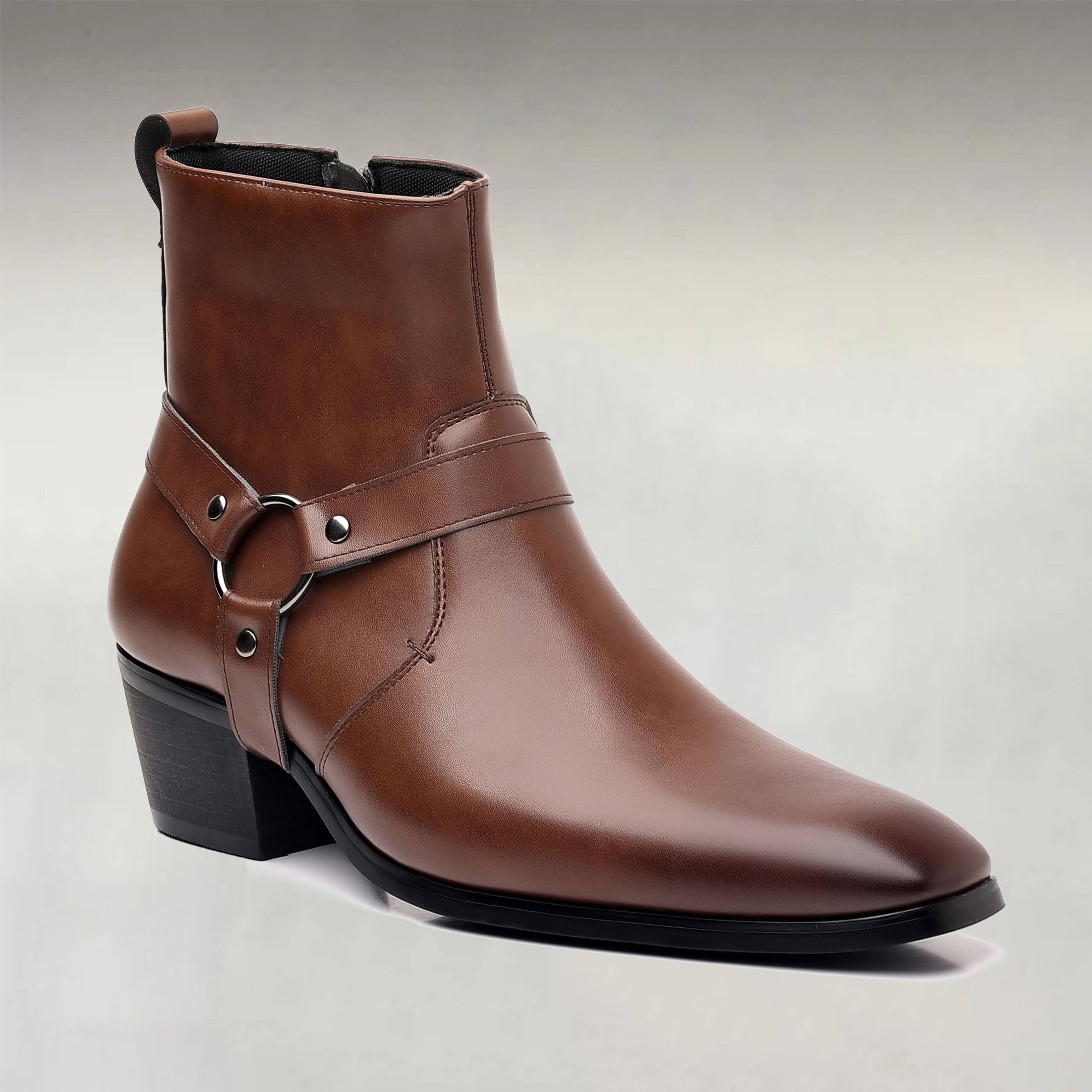 Men's Casual Studded Side Zipper Chunky Heel PU Leather Boots