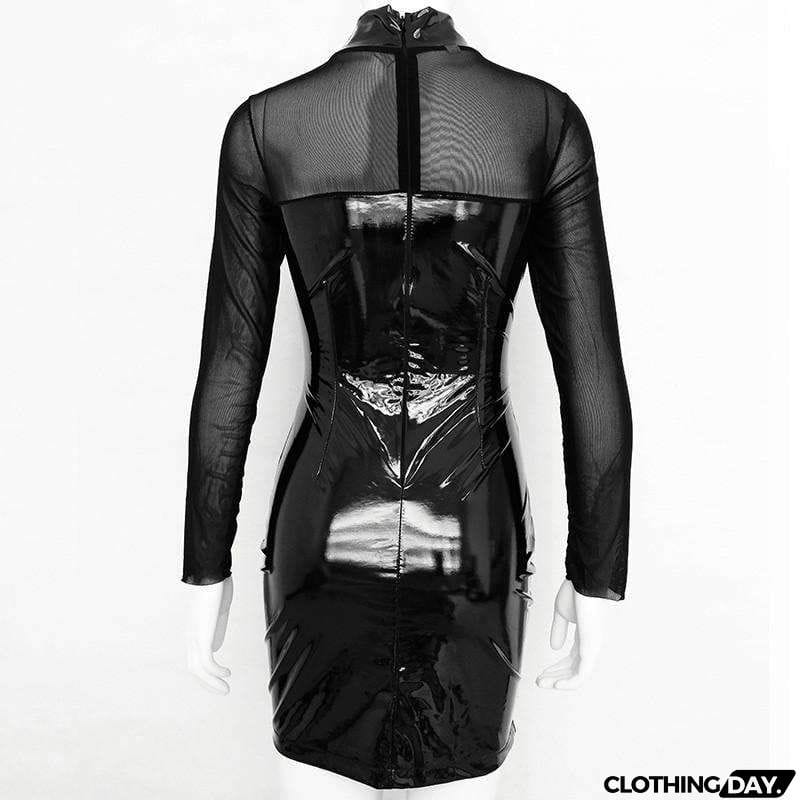 Mock Neck PU Patchwork Mesh Sheer Bodycon Dress
