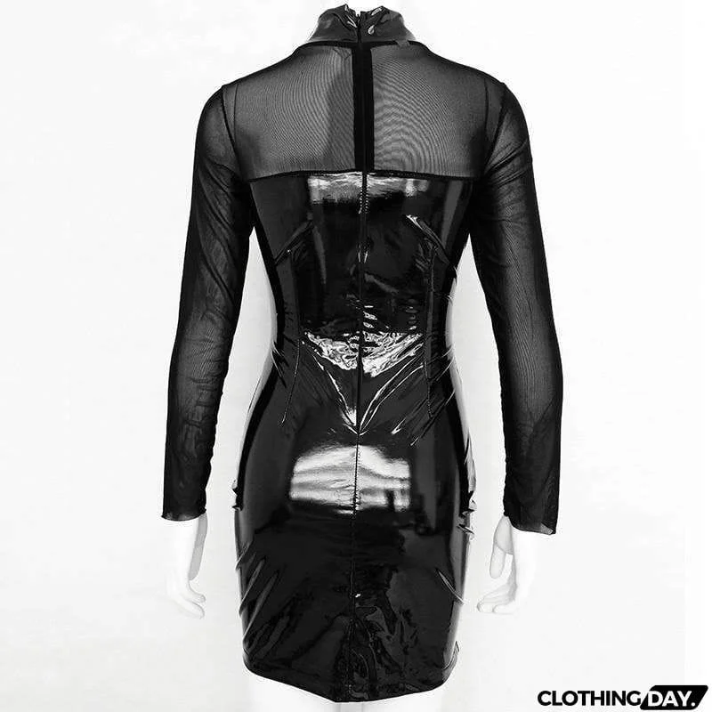 Mock Neck PU Patchwork Mesh Sheer Bodycon Dress