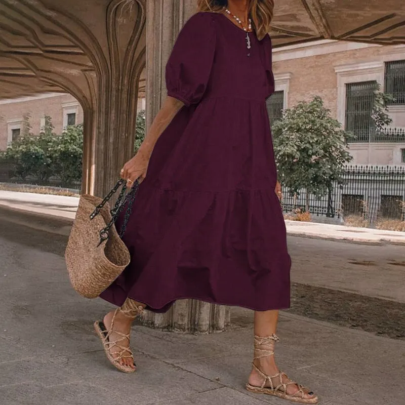 VONDA Women Summer Midi Dress Ladies Sexy Lantern Sleeve Beach Sundress 2022 Fashion Ruffled Casual Solid Bohemian Vestidos Robe