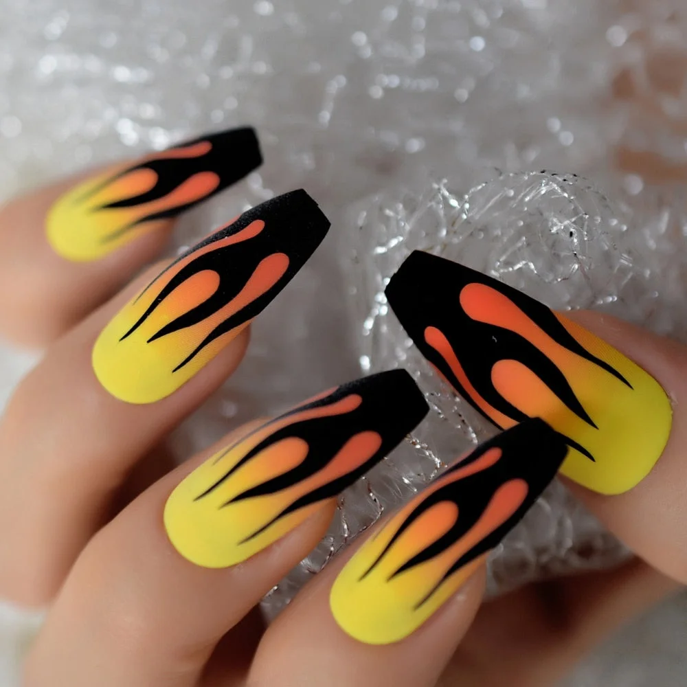 Yellow Orange Ombre Faux Ongles Fire Matte Black Flame Fake Nails Extra Long Coffin Shape Ladies Fingernails 24