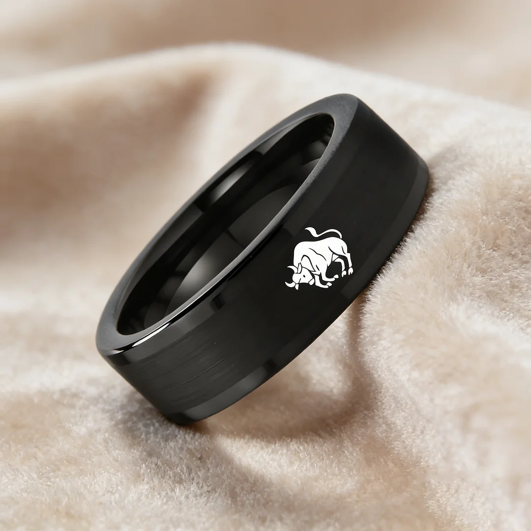 Taurus Tungsten Carbide Rings Black Flat Wedding Bands Comfort Fit Mens and Womens 4MM 6MM 8MM Width