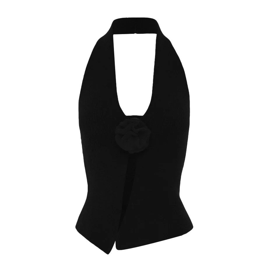 Crbang costumes for women 2025  Woolen Halter Neck Sleeveless T-shirts For Women Clothing Flower Solid Slim Crop Top Femme Casual Vacation Sexy Vest