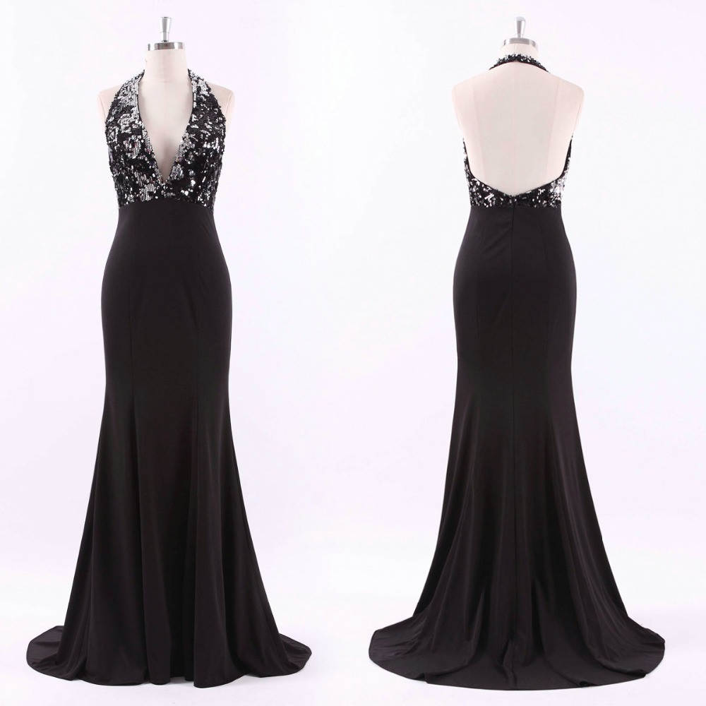 Sexy Halter Black Sequins Mermaid Backless Prom Dress 6936