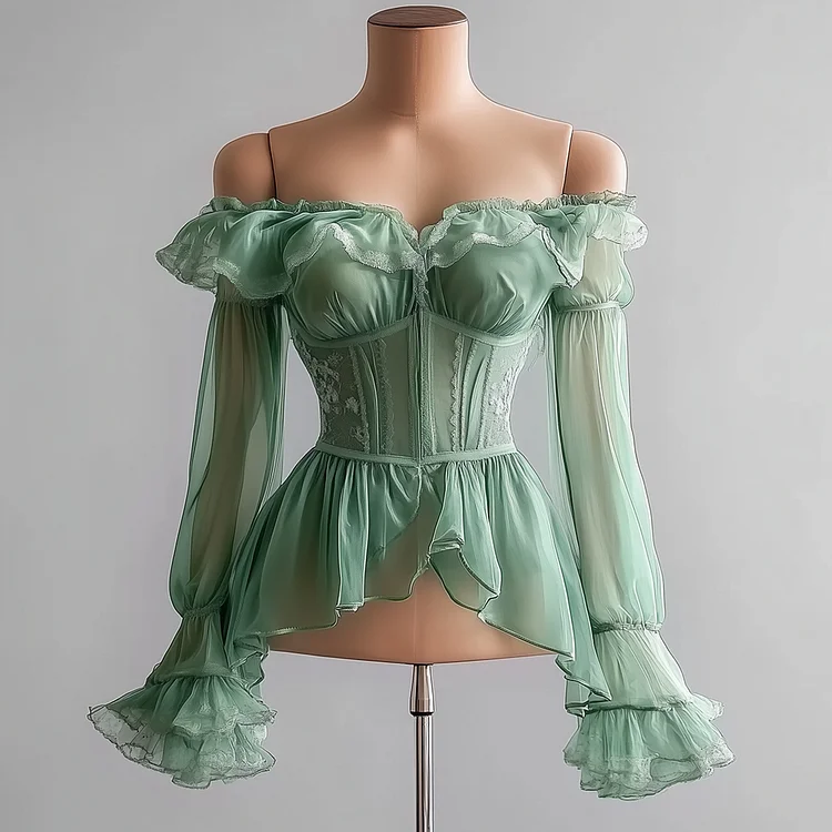 Ursime Off Shoulder See-Through Ruffle Flare Sleeve Blouse