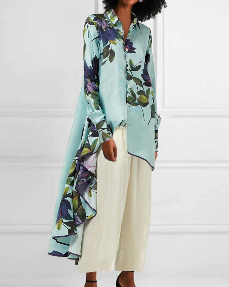 Vacation Floral Print Irregular Shirt Top